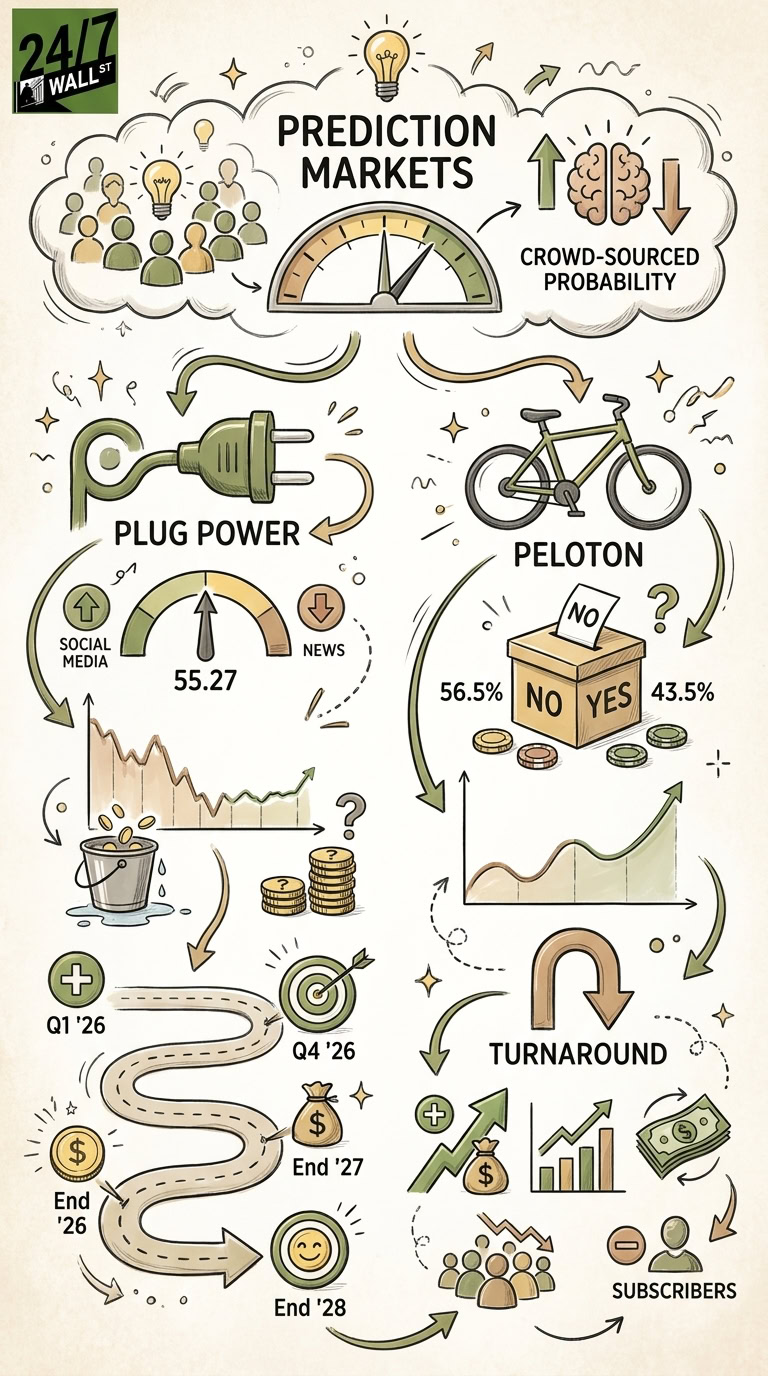An infographic titled Prediction Markets showing financial data, sentiment gauges, and recovery roadmaps for Plug Power and Peloton.