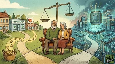 An illustration of an elderly couple sitting between two diverging paths: one leading to a traditional pharmacy and gold coins, the other to a high-tech city of microchips.