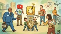 A cartoon showing tech giants surrounding a cracked Snapchat logo while two founders protect it with a shield labeled with a 'C'.