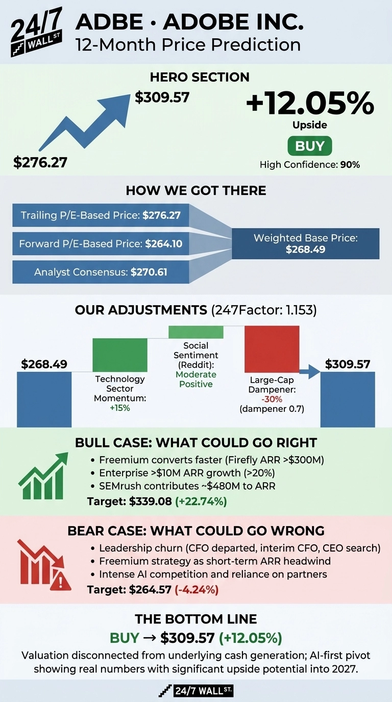 An infographic from 24/7 Wall St. titled 'ADBE • ADOBE INC. 12-Month Price Prediction'. The hero section shows an arrow pointing from $276.27 to a predicted price of $309.57, indicating a +12.05% upside and a 'BUY' recommendation with 90% confidence. A 'How We Got There' section uses a funnel graphic to show Trailing P/E-Based Price ($276.27), Forward P/E-Based Price ($264.10), and Analyst Consensus ($270.61) converging into a Weighted Base Price of $268.49. 'Our Adjustments (247Factor: 1.153)' section shows the $268.49 base price adjusted by Technology Sector Momentum (+15%, green bar), Social Sentiment (Moderate Positive, smaller green bar), and a Large-Cap Dampener (-30%, red bar) to reach the final $309.57 target. Below this, 'BULL CASE: WHAT COULD GO RIGHT' lists three bullet points (Freemium conversion, Enterprise ARR growth, SEMrush contribution) with a target of $339.08 (+22.74%), accompanied by a green upward-pointing arrow icon. 'BEAR CASE: WHAT COULD GO WRONG' lists three bullet points (Leadership churn, Freemium strategy headwind, AI competition) with a target of $264.57 (-4.24%), accompanied by a red downward-pointing arrow icon. The bottom line reiterates 'BUY → $309.57 (+12.05%)' and a concluding statement. The overall color scheme is light green, blue, red, and white.