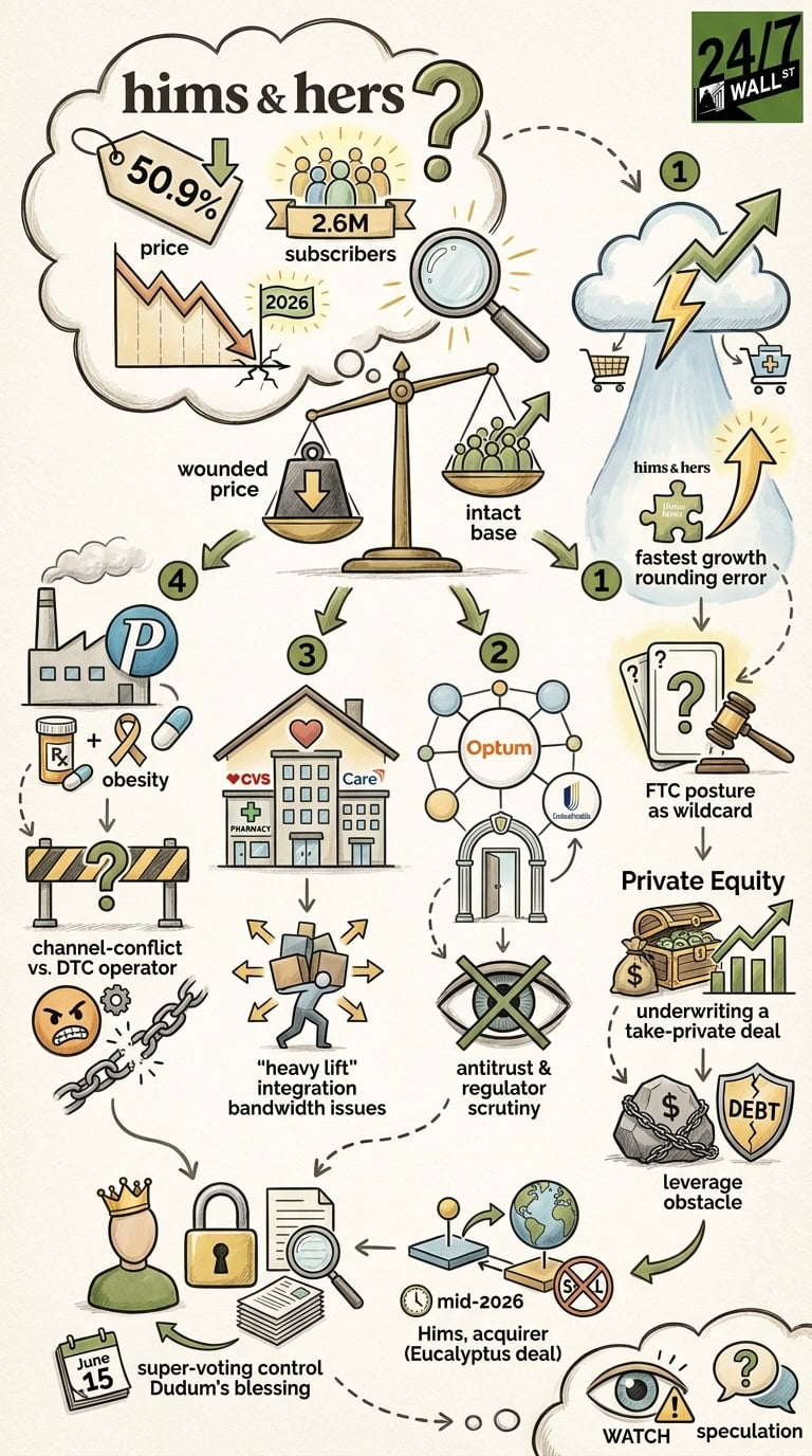 A conceptual infographic with a balance scale weighing a 'wounded price' against an 'intact base' for Hims & Hers, surrounded by icons of pharmacy giants and regulatory hurdles.