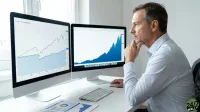 A middle-aged man with short graying hair, wearing a light blue striped collared shirt, sits at a white desk and looks intently at two large computer monitors displaying financial graphs. His right hand is resting on his chin in a thoughtful pose. The monitors show upward-trending line and area charts in green and blue, indicating market growth. A white keyboard, a white computer mouse, and printed documents with charts are on the desk in front of him.