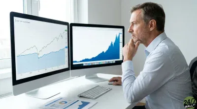 A middle-aged man with short graying hair, wearing a light blue striped collared shirt, sits at a white desk and looks intently at two large computer monitors displaying financial graphs. His right hand is resting on his chin in a thoughtful pose. The monitors show upward-trending line and area charts in green and blue, indicating market growth. A white keyboard, a white computer mouse, and printed documents with charts are on the desk in front of him.