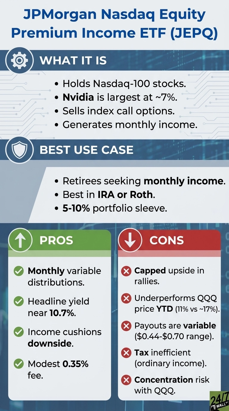 An infographic titled 'JPMorgan Nasdaq Equity Premium Income ETF (JEPQ)' on a blue background with circuit board patterns. It is divided into several sections. 'WHAT IT IS' lists: Holds Nasdaq-100 stocks, Nvidia is largest at ~7%, Sells index call options, Generates monthly income. 'BEST USE CASE' lists: Retirees seeking monthly income, Best in IRA or Roth, 5-10% portfolio sleeve. The 'PROS' column, colored green, lists with checkmarks: Monthly variable distributions, Headline yield near 10.7%, Income cushions downside, Modest 0.35% fee. The 'CONS' column, colored red, lists with 'X' marks: Capped upside in rallies, Underperforms QQQ price YTD (11% vs ~17%), Payouts are variable ($0.44-$0.70 range), Tax inefficient (ordinary income), Concentration risk with QQQ.