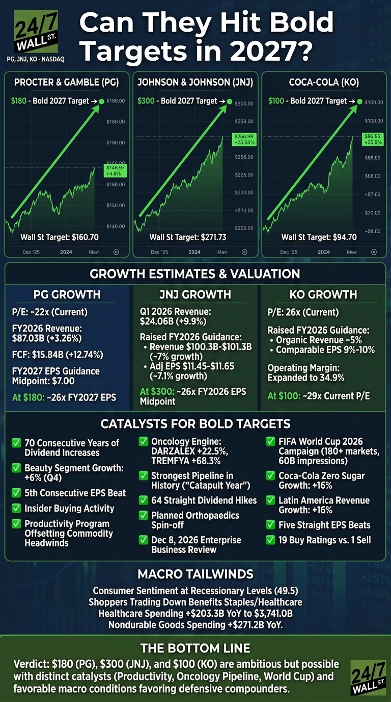 An infographic titled 'Can They Hit Bold Targets in 2027?' analyzing Procter & Gamble (PG), Johnson & Johnson (JNJ), and Coca-Cola (KO). The top section features three stock line charts showing price trends from late 2025 to May 2026, each with a green arrow pointing to a bold 2027 target ($180 for PG, $300 for JNJ, $100 for KO). Current stock prices and Wall Street targets are displayed. The middle section, 'Growth Estimates & Valuation,' presents detailed financial metrics for each company, including P/E, revenue, FCF, EPS guidance, and valuation multiples. The bottom section, 'Catalysts for Bold Targets,' lists specific positive drivers with green checkmarks, such as dividend increases, product growth, pipeline strength, and marketing campaigns. Below this, 'Macro Tailwinds' lists broader economic factors like consumer sentiment and spending. The infographic concludes with 'The Bottom Line' stating that the targets for PG, JNJ, and KO are ambitious but possible due to distinct catalysts and favorable macro conditions.
