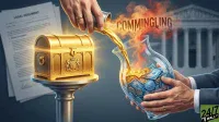 A detailed illustration showing a hand pouring golden liquid from a silver measuring cup into a glass vase filled with banknotes and silver coins. The word 'COMMINGLING' is depicted in fiery, smoky text above the vase, which is held by another hand wearing a business suit. In the background, a golden treasure chest rests on a pedestal next to stacked legal documents, and a neoclassical courthouse building is faintly visible.