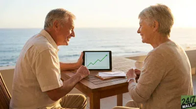 An older man and woman sit at a wooden table outdoors, with a calm ocean view and bright sky behind them. The man holds a black tablet displaying a white screen with a green line graph showing an upward trend. Both are smiling and looking at the tablet. On the table are several white envelopes and a white coffee cup.