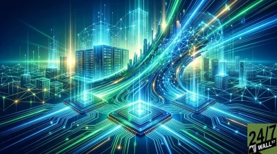A vibrant, futuristic digital image shows a cityscape composed of glowing blue and green light lines forming abstract buildings, server racks, and network connections. Large, illuminated microchip processors are prominently featured in the foreground, with light beams extending upwards, suggesting immense data flow and high-speed connectivity. The overall impression is one of advanced technology, vast data infrastructure, and a dynamic digital network.