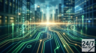 A digital graphic featuring a blurred futuristic city skyline at dusk with glowing blue and green circuit board lines forming pathways in the foreground. Bright golden and green arrows point upwards, accompanied by glowing gear icons and dotted cloud symbols in the sky. The overall impression is one of technological advancement, growth, and interconnected digital infrastructure.