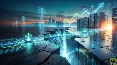 A wide, digitally rendered scene featuring glowing blue and green circuit board patterns on a cracked dark ground, leading towards multiple rows of server racks. In the mid-ground, neon blue data centers are illuminated, with upward-trending line graphs and arrows glowing above them against a twilight sky. The background shows a modern cityscape with glowing buildings and electricity pylons, emphasizing the connection between power, data, and technological advancement.