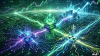 A vibrant, futuristic digital rendering of a circuit board. Multiple glowing components are visible, including a central processor unit, a stacked memory module labeled 'MEMORY,' and a distinct module featuring a yellow radioactive symbol and a power transmission pylon. Illuminated data flows connect these elements. In the upper background, holographic representations of data center buildings and upward-trending stock market graphs are displayed, all bathed in bright neon blue, green, and purple light. A '24/7 Wall St' logo is in the bottom right.