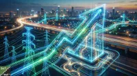 An abstract, high-tech image depicts a large, glowing, neon blue and green arrow, designed like a circuit board, ascending diagonally upwards and to the right. The arrow emerges from a grid of glowing digital lines that resemble data pathways or energy flow. In the background, a modern city skyline at dusk or night features blurred lights from buildings and highways, creating streaks of light. Several glowing blue power transmission towers are visible in the midground and foreground, connected by luminous lines. The overall scene blends elements of technology, energy infrastructure, and urban development with a futuristic, digital aesthetic.
