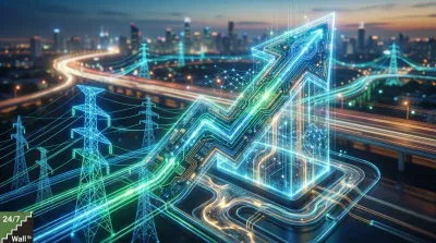 An abstract, high-tech image depicts a large, glowing, neon blue and green arrow, designed like a circuit board, ascending diagonally upwards and to the right. The arrow emerges from a grid of glowing digital lines that resemble data pathways or energy flow. In the background, a modern city skyline at dusk or night features blurred lights from buildings and highways, creating streaks of light. Several glowing blue power transmission towers are visible in the midground and foreground, connected by luminous lines. The overall scene blends elements of technology, energy infrastructure, and urban development with a futuristic, digital aesthetic.