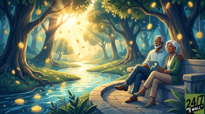 An illustration of an older Black couple sitting on a park bench in a vibrant, stylized forest. Glowing golden coins with dollar signs float in a winding stream and hang from the surrounding trees. The woman holds a tablet displaying an upward-pointing graph arrow, while the man has his arm around her. Sunlight streams through the trees, illuminating the scene.