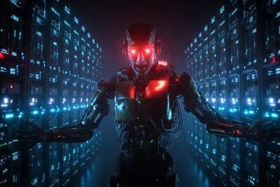 AI robot with glowing red eyes