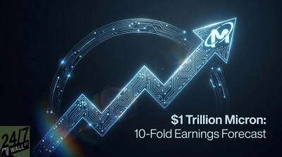 A neon blue circuit board pattern creates a stylized upward-pointing arrow against a dark, hazy background. The arrow signifies growth, and within its tip is a glowing 'M' logo, encircled by an orbital path, representing Micron Technology. Below the arrow, white text reads '$1 Trillion Micron: 10-Fold Earnings Forecast.' A '24/7 WALL ST' logo is visible in the bottom left corner.