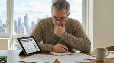 A middle-aged man with gray hair and glasses, wearing a brown knitted sweater, sits at a wooden table. He holds a pen in his right hand, writing in a spiral-bound notebook, while his left hand rests on his chin in a thoughtful pose. To his left, a black tablet displays an article titled 'Manhattan Luxury Rentals Surge: Top Leases Hit $100k+/Month' with a blue line graph. Papers are scattered on the table, and a light brown mug is visible on the right. In the background, a large window reveals a cityscape with tall buildings under a bright sky.