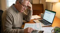 A senior man, wearing a beige sweater and glasses, sits at a wooden desk, looking stressed with his hand resting on his forehead. He is using a silver calculator, with various tax forms (including a Form 1040) and financial documents spread around. A laptop displaying a spreadsheet and two coffee mugs are also visible on the desk, with a lamp in the background, suggesting a home office setting.