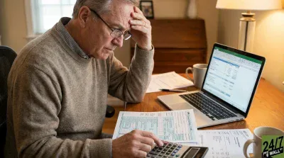 A senior man, wearing a beige sweater and glasses, sits at a wooden desk, looking stressed with his hand resting on his forehead. He is using a silver calculator, with various tax forms (including a Form 1040) and financial documents spread around. A laptop displaying a spreadsheet and two coffee mugs are also visible on the desk, with a lamp in the background, suggesting a home office setting.