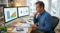 A man in a blue shirt sits at a wooden desk, intently looking at two computer monitors while holding a tablet. The left monitor displays a bar and area chart titled 'Split Portfolio,' showing 'Cash' in blue and 'Growth' in green and orange. The right monitor features a gray barbell icon with the word 'barbell' below it. On the desk, there is a keyboard, mouse, papers with charts, a calculator, and a coffee cup, with bookshelves and a window overlooking a city street in the background.