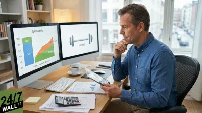 A man in a blue shirt sits at a wooden desk, intently looking at two computer monitors while holding a tablet. The left monitor displays a bar and area chart titled 'Split Portfolio,' showing 'Cash' in blue and 'Growth' in green and orange. The right monitor features a gray barbell icon with the word 'barbell' below it. On the desk, there is a keyboard, mouse, papers with charts, a calculator, and a coffee cup, with bookshelves and a window overlooking a city street in the background.