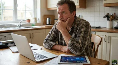 A middle-aged man with short brown hair, wearing a brown and green plaid shirt, sits at a wooden kitchen table. He rests his chin on his hand, looking thoughtfully towards the left while an open silver laptop is in front of him. To his right, a white tablet displays a blue line graph representing financial market data. Papers are scattered around the devices, and a light-colored kitchen with a window and sink is visible in the background.