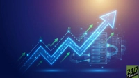 A futuristic digital graphic with a prominent glowing blue line graph trending upwards and forming a large arrow pointing to the upper right. Several smaller green arrows also indicate upward movement. In the background, multiple glowing server racks are connected by blue lines, symbolizing data and technology infrastructure. The overall background is a dark blue and purple gradient, illuminated by bright blue and green light.