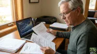 An older Caucasian man with gray hair and glasses is seated at a wooden desk, intently reading financial documents. He is wearing a dark green long-sleeved shirt. On the left side of the desk, a silver laptop displays a line graph titled 'EQUITY' showing an upward trend. Several stacks of documents are visible on the desk, including one clearly labeled 'SOCIAL SECURITY RITS STATEMENT'. A window with natural light is on the far left. The man's expression is serious and concentrated.