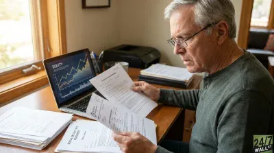 An older Caucasian man with gray hair and glasses is seated at a wooden desk, intently reading financial documents. He is wearing a dark green long-sleeved shirt. On the left side of the desk, a silver laptop displays a line graph titled 'EQUITY' showing an upward trend. Several stacks of documents are visible on the desk, including one clearly labeled 'SOCIAL SECURITY RITS STATEMENT'. A window with natural light is on the far left. The man's expression is serious and concentrated.