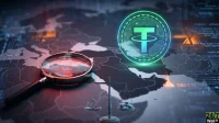 A dark, digitally enhanced world map with glowing circuit board patterns. A magnifying glass on the left magnifies a red, glowing blockchain lock icon. In the foreground, a set of black scales balances a white question mark on the left pan and a stack of silver coins on the right. On the right side, a large, glowing green and blue Tether (USDT) cryptocurrency logo is prominent. The scene conveys themes of global finance, security, and regulation.