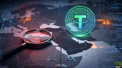 A dark, digitally enhanced world map with glowing circuit board patterns. A magnifying glass on the left magnifies a red, glowing blockchain lock icon. In the foreground, a set of black scales balances a white question mark on the left pan and a stack of silver coins on the right. On the right side, a large, glowing green and blue Tether (USDT) cryptocurrency logo is prominent. The scene conveys themes of global finance, security, and regulation.