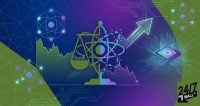 A conceptual digital illustration showing stock market trends, a CPU chip, and atomic symbols against a dark purple and blue circuitry background.