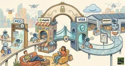 Illustrative map showing AI robots transporting goods through branded corporate gates toward consumers relaxing at home.