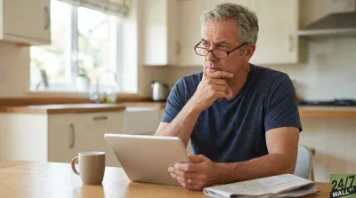 A man with gray hair and glasses, wearing a blue t-shirt, sits at a wooden kitchen table, looking thoughtfully to his left with his right hand on his chin. He holds a silver tablet in his left hand. A light brown mug is to his left on the table, and a folded newspaper is to his right. The background shows a modern kitchen with light-colored cabinets, a window overlooking greenery, and a stainless steel range hood.