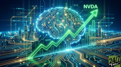 A digital graphic featuring a glowing blue human brain composed of circuit board traces, with a prominent bright green upward-trending arrow and line graph passing over it. The ticker 'NVDA' is visible near the arrow in two places. In the background are futuristic cityscapes and an intricate network of circuit lines, all illuminated with blue and green light against a dark, tech-inspired background, symbolizing technological progress and financial growth.