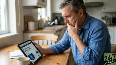 A middle-aged man with short grey hair and a blue shirt sits at a wooden table, holding a black tablet. He looks down at the tablet with a thoughtful, slightly concerned expression, his right hand resting on his chin. The tablet displays an article with the headline 'AI Hollowing Out Software Jobs'. A coffee cup sits on the table to his left, and in the background, a bright kitchen with a window is visible.