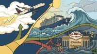 Illustration showing divergent stock trends for airlines, cruise lines, and casinos using rising and falling arrows.
