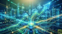 A futuristic digital graphic with glowing blue and green lines radiating from a central microchip on a circuit board. The lines form an upward-trending arrow, incorporating several cloud icons, set against a blurred background of abstract digital structures, representing technological growth and cloud computing.