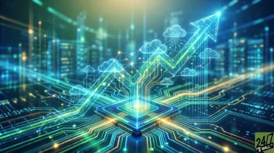 A futuristic digital graphic with glowing blue and green lines radiating from a central microchip on a circuit board. The lines form an upward-trending arrow, incorporating several cloud icons, set against a blurred background of abstract digital structures, representing technological growth and cloud computing.