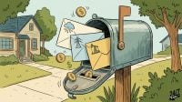 A cartoon-style illustration of a mailbox overflowing with envelopes and falling gold coins in a suburban setting.