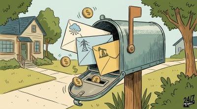 A cartoon-style illustration of a mailbox overflowing with envelopes and falling gold coins in a suburban setting.