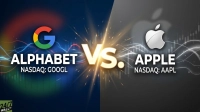 A stylized graphic comparing Alphabet and Apple. The left side features the multi-colored Google 'G' logo, 'ALPHABET', and 'NASDAQ: GOOGL' on a blue, abstract background with stock chart elements. The right side shows the silver Apple logo, 'APPLE', and 'NASDAQ: AAPL' on a dark gray, abstract background with similar stock chart elements. A bright, glowing 'VS.' symbol with radiating light sparks is centered, dividing the two companies. The '24/7 WALL ST' logo is visible in the lower left corner.