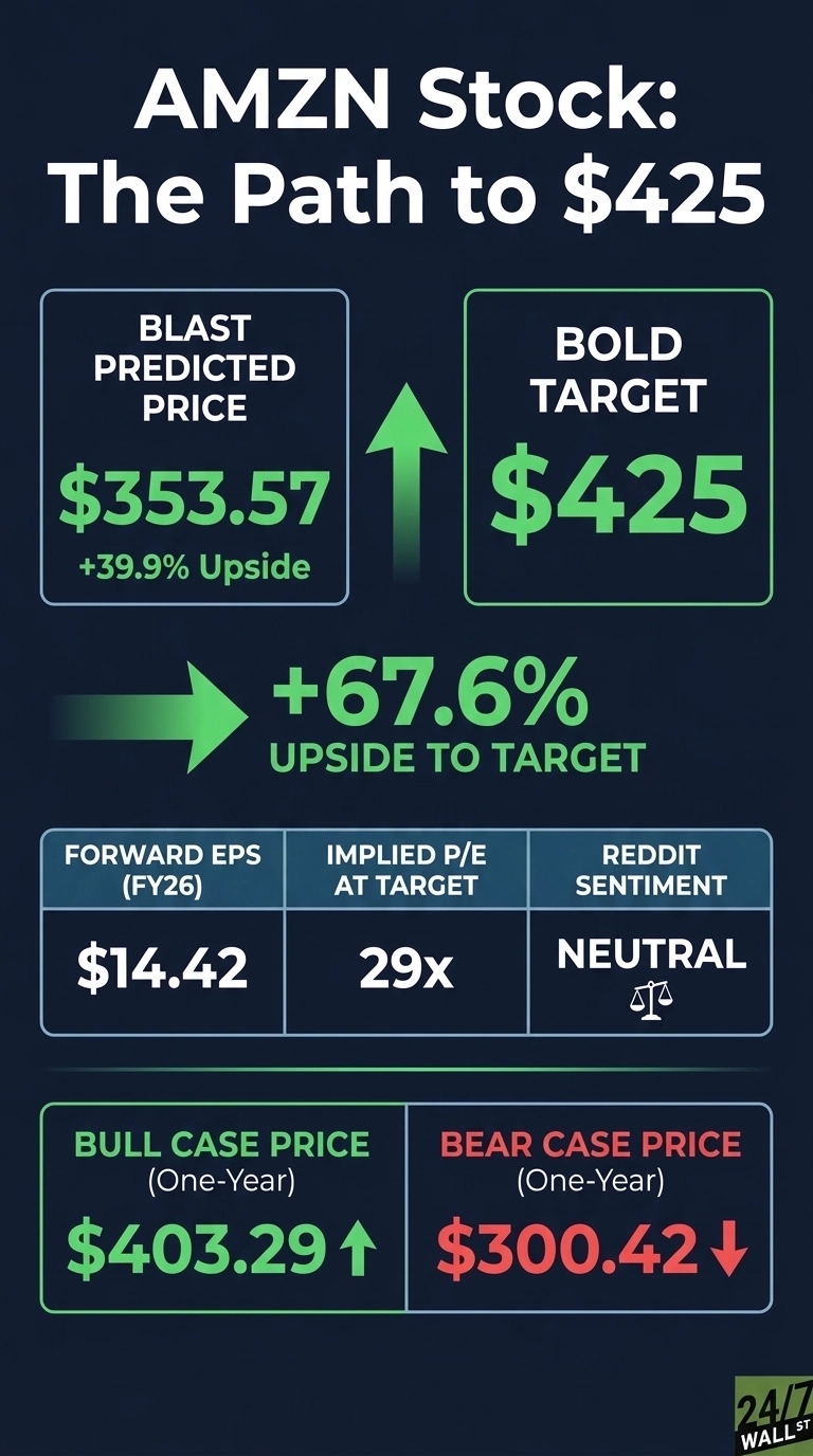 An infographic with a dark blue background titled 'AMZN Stock: The Path to $425'. The top section displays two boxes: one labeled 'BLAST PREDICTED PRICE $353.57 +39.9% Upside' in a light blue border, and another labeled 'BOLD TARGET $425' in a green border. A large green arrow points right, accompanied by text '+67.6% UPSIDE TO TARGET'. Below, a table with a light blue border contains three columns: 'FORWARD EPS (FY26)' showing '$14.42', 'IMPLIED P/E AT TARGET' showing '29x', and 'REDDIT SENTIMENT' showing 'NEUTRAL' with a balance scale icon. The bottom section presents two boxes: 'BULL CASE PRICE (One-Year) $403.29' with a green upward arrow, and 'BEAR CASE PRICE (One-Year) $300.42' with a red downward arrow. The 24/7 Wall St logo is in the bottom right corner.