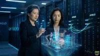 Two Asian women in dark business suits stand in a dimly lit, high-tech data center. The woman on the left, with short gray hair, gestures towards a glowing blue holographic projection positioned between them. The projection displays wireframe models of a humanoid robot, a robotic arm, and several abstract building structures. In the background, rows of server racks with blue and green lights are visible, some displaying 'AMD' logos.
