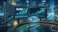 A futuristic setup of three curved monitors displays financial data against a backdrop of a glowing cityscape. The central monitor prominently features the AMD logo, a rising stock chart, and text stating 'MARKET CAP: $1.02 TRILLION' and 'SEPT 23, 2026'. The right monitor shows a stock chart with a green upward trend line, indicating a target of '$750' by 'NOV '26', and 'SEPT 25, 2026'. In the foreground, a translucent, glowing AMD CPU chip is visible, alongside a holographic display showing 'CALL SPREAD: 600 / 750' and a profit graph.
