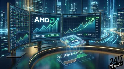 A futuristic setup of three curved monitors displays financial data against a backdrop of a glowing cityscape. The central monitor prominently features the AMD logo, a rising stock chart, and text stating 'MARKET CAP: $1.02 TRILLION' and 'SEPT 23, 2026'. The right monitor shows a stock chart with a green upward trend line, indicating a target of '$750' by 'NOV '26', and 'SEPT 25, 2026'. In the foreground, a translucent, glowing AMD CPU chip is visible, alongside a holographic display showing 'CALL SPREAD: 600 / 750' and a profit graph.