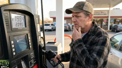 A man with a pensive expression, wearing a brown and black plaid shirt and a worn baseball cap, stands at a gas pump, holding the black fuel nozzle. His right hand is touching his chin. The gas pump's digital display shows '119.84' at the top and '2.095 PER GALLON' below. A convenience store and other vehicles are visible in the sunny background.