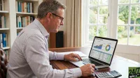 A man wearing glasses and a light checkered shirt sits at a wooden desk, focused on a silver laptop. The laptop screen displays an 'Investment Portfolio' with a line graph, a pie chart, and detailed financial tables. His right hand rests on the keyboard, while his left hand holds a blue pen over a calculator. In the background, a white bookshelf with books is on the left, and a large window overlooking a lush green garden is on the right.