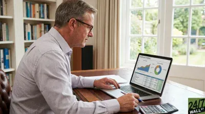 A man wearing glasses and a light checkered shirt sits at a wooden desk, focused on a silver laptop. The laptop screen displays an 'Investment Portfolio' with a line graph, a pie chart, and detailed financial tables. His right hand rests on the keyboard, while his left hand holds a blue pen over a calculator. In the background, a white bookshelf with books is on the left, and a large window overlooking a lush green garden is on the right.
