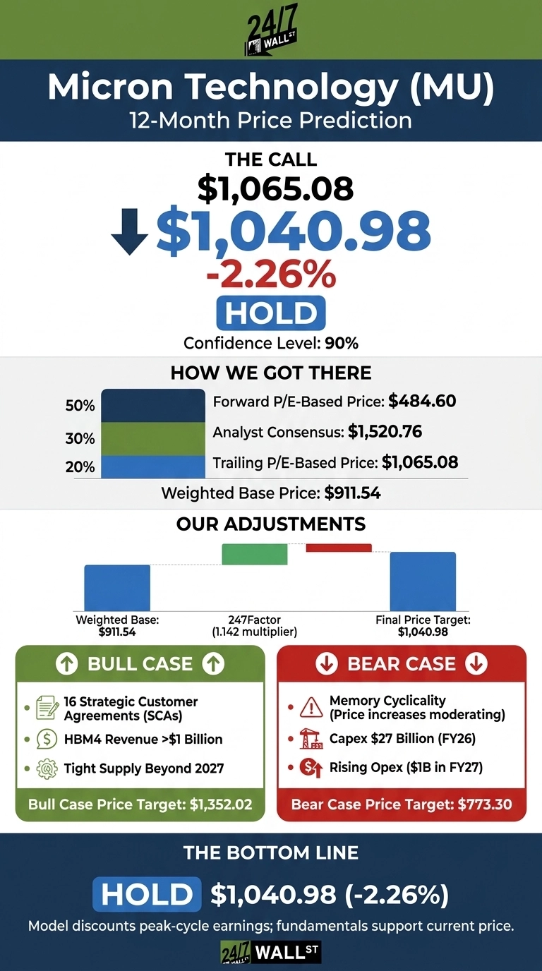 An infographic titled 'Micron Technology (MU) 12-Month Price Prediction' with the 24/7 Wall St. logo. The main call shows an initial price of $1,065.08, with a downward arrow pointing to $1,040.98, indicating a -2.26% change, and a 'HOLD' rating, with a 90% confidence level. A section titled 'HOW WE GOT THERE' features a bar chart detailing components of the Weighted Base Price: 50% Forward P/E-Based Price ($484.60), 30% Analyst Consensus ($1,520.76), and 20% Trailing P/E-Based Price ($1,065.08), totaling a Weighted Base Price of $911.54. Below, 'OUR ADJUSTMENTS' shows a bar chart beginning with the Weighted Base of $911.54, adjusted by a 247Factor (1.142 multiplier) and another factor, leading to a Final Price Target of $1,040.98. Two large boxes detail scenarios: A green 'BULL CASE' with a price target of $1,352.02, driven by '16 Strategic Customer Agreements (SCAs)', 'HBM4 Revenue >$1 Billion', and 'Tight Supply Beyond 2027'. A red 'BEAR CASE' with a price target of $773.30, driven by 'Memory Cyclicality (Price increases moderating)', 'Capex $27 Billion (FY26)', and 'Rising Opex ($1B in FY27)'. The bottom line reiterates 'HOLD $1,040.98 (-2.26%)' with the text 'Model discounts peak-cycle earnings; fundamentals support current price.' The infographic uses a color scheme of dark blue, green, red, and white.